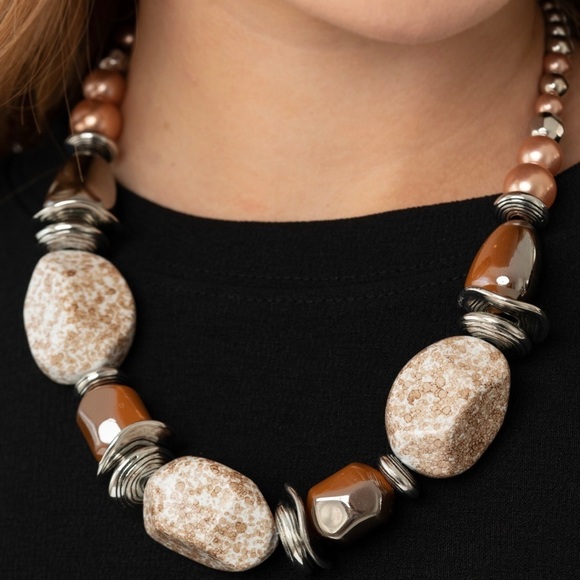 Beautiful Chunky Brown Orange & Silver Statement Necklace Set - Picture 1 of 4